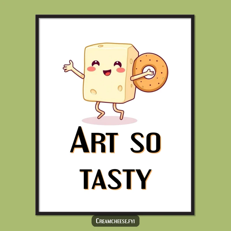 Funny Cream Cheese & Bagel Digital Art Print: Joyful Breakfast Dance, Instant Foodie Gift