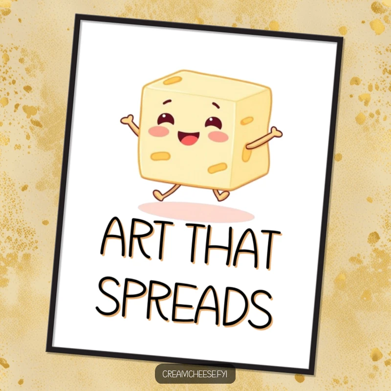 Funny cream cheese block character with legs skipping joyfully, a digital artwork radiating happiness and whimsical charm, ready to be printed.