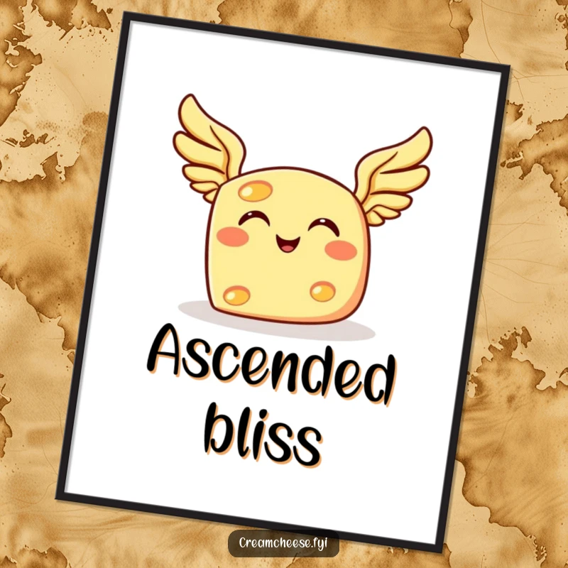 Funny flying cheese digital art print, a grinning cheese character with tiny wings joyfully taking flight.