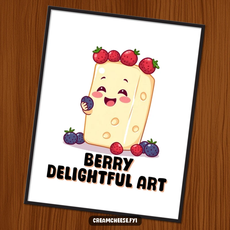Funny cream cheese block happily juggling small, sweet berries, rendered as a vibrant digital art print.