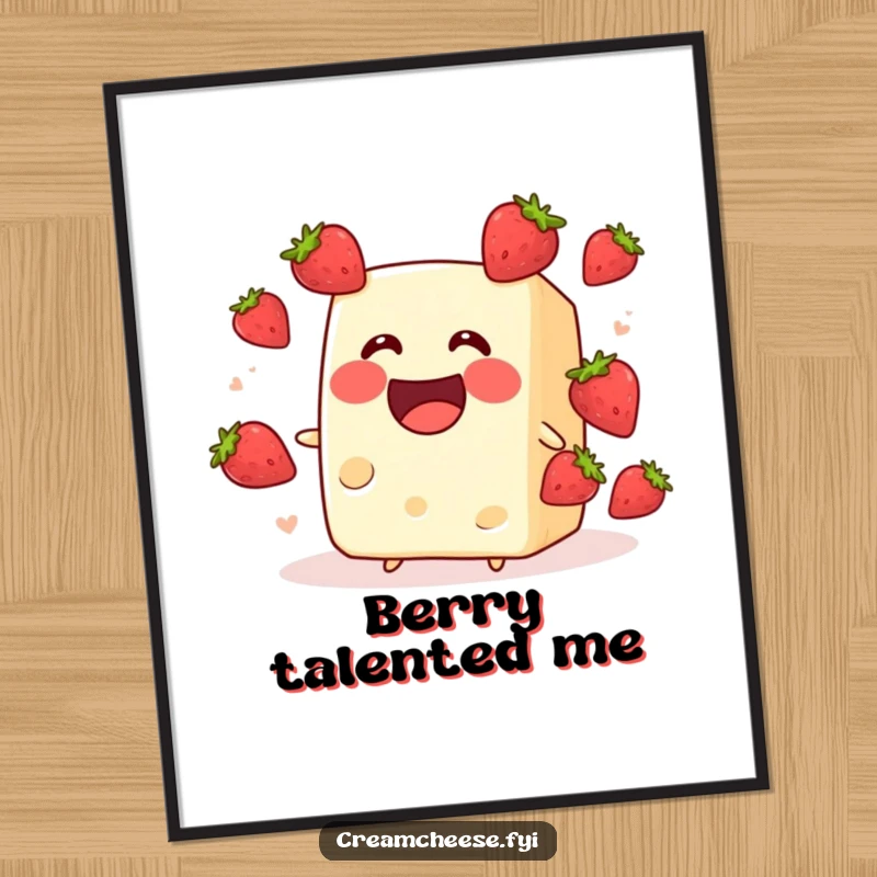 Funny cream cheese block juggling tiny strawberries with a grin, as a digital art print. A humorous and appealing fruit illustration, perfect as a funny gift.