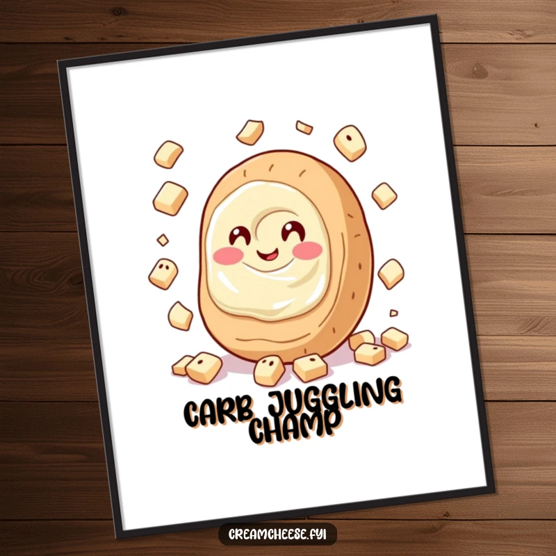 Funny Cream Cheese Digital Art Print of a giggling cream cheese spread juggling small bagel pieces, vibrant and humorous wall decor.