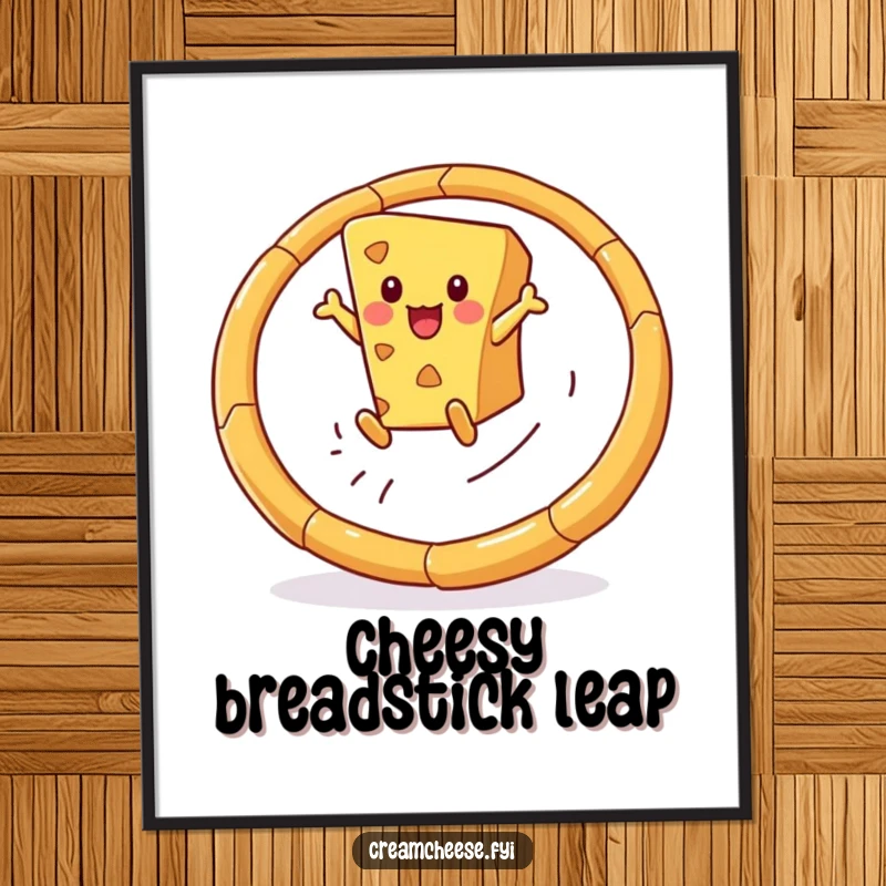 Funny digital art print of a playful cheese wedge leaping through a hoop made of breadsticks, perfect for instant, humorous decor.