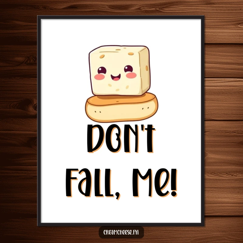 Funny cream cheese cube in a precarious balancing act on a bagel, as a digital art print. A humorous and appealing food illustration, perfect as a funny gift.