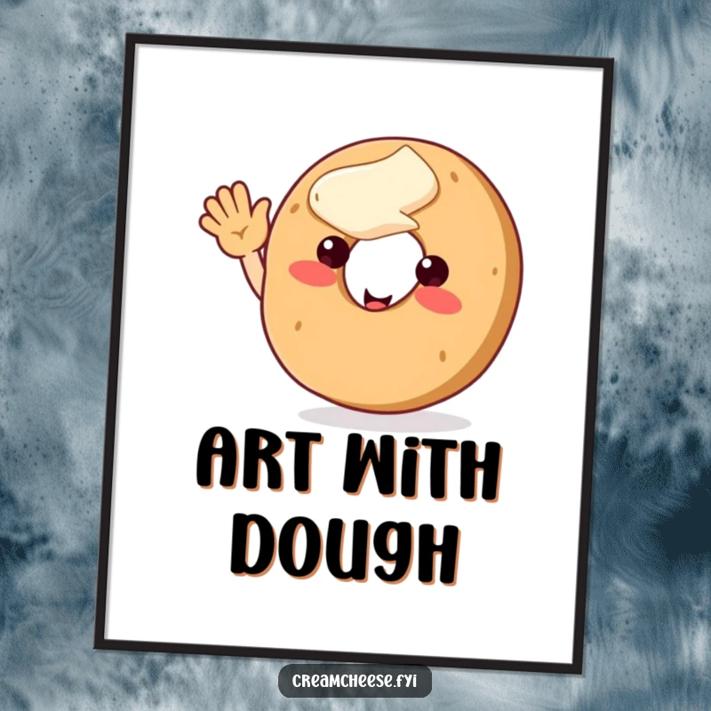 Funny bagel character with cream cheese topping, waving enthusiastically, a digital artwork radiating friendliness and breakfast cheer.