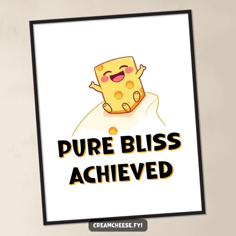 Funny cheese block digital art print, a laughing cheese character joyfully sliding down a smooth, creamy slope.