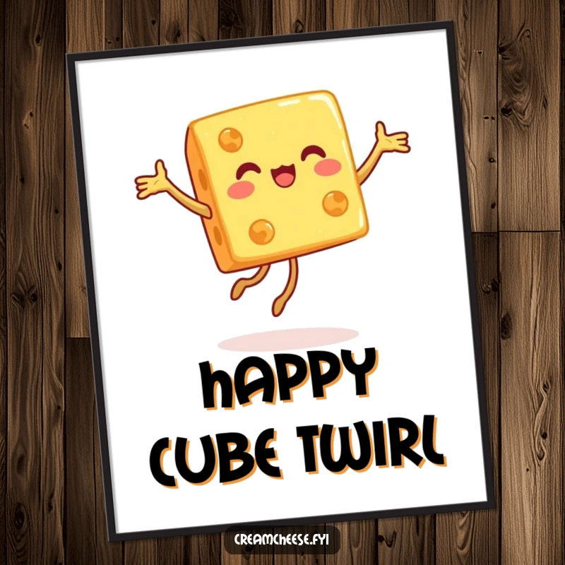 Funny digital art print of a happy cheese cube performing a joyful pirouette, perfect for instant, humorous decor.