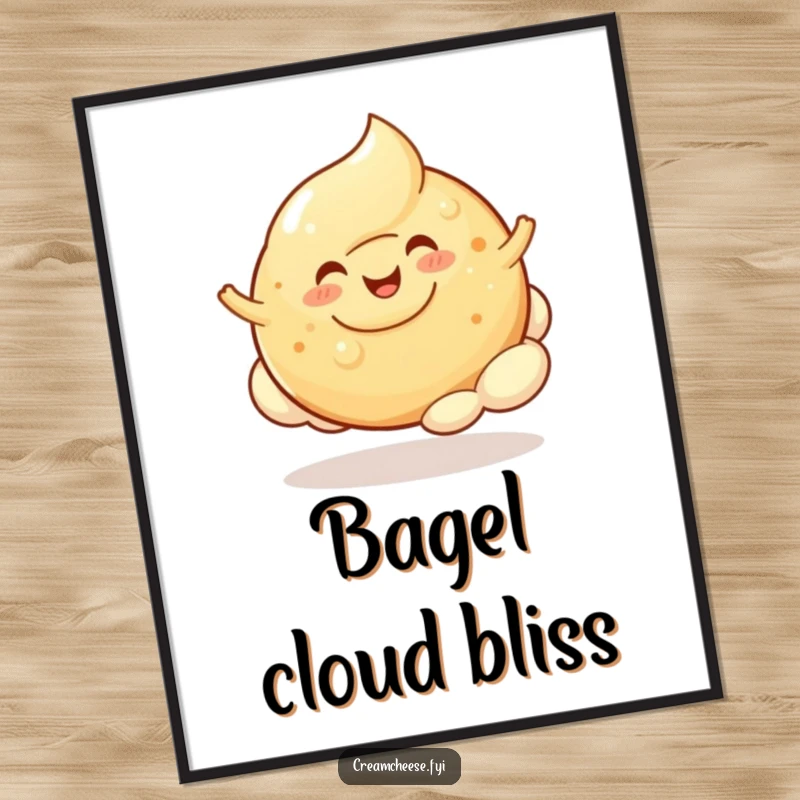 Funny Cream Cheese Blob Bagel Cloud Digital Art: A cheerful cream cheese blob happily bounces on a bagel cloud, a digital delight.