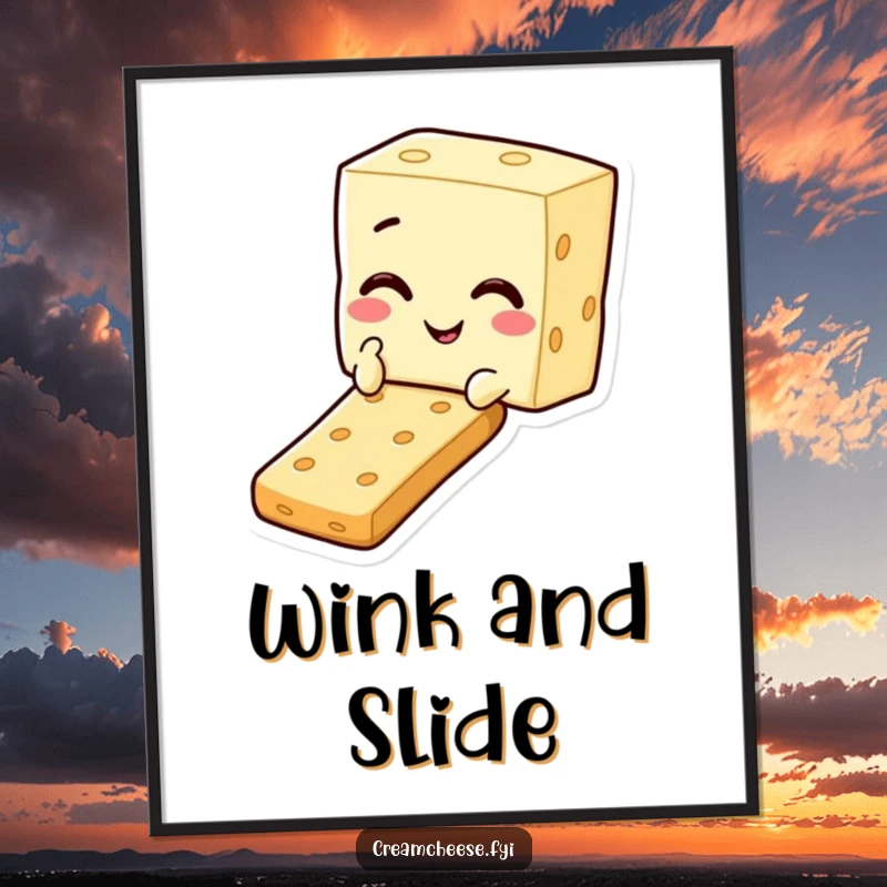 Funny digital art print of a cream cheese square character winking and sliding down a cracker, perfect for snack humor.