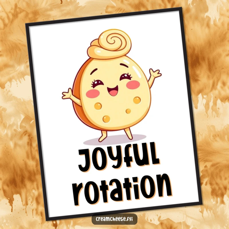 Funny digital art print of a cream cheese wheel joyfully dancing with a cinnamon swirl hat, ideal for vibrant, festive decor.