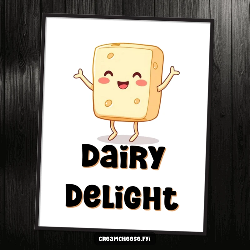 Funny Digital Art Print: A cheerful block of cream cheese with tiny legs dances a jig, offering a dose of cheesy, delightful fun.