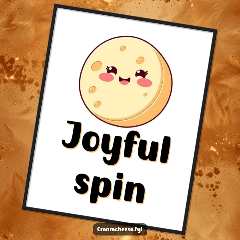 Funny Digital Art Print: A round cream cheese wheel with a smiling face spins joyfully on its side, delighting all who see it.