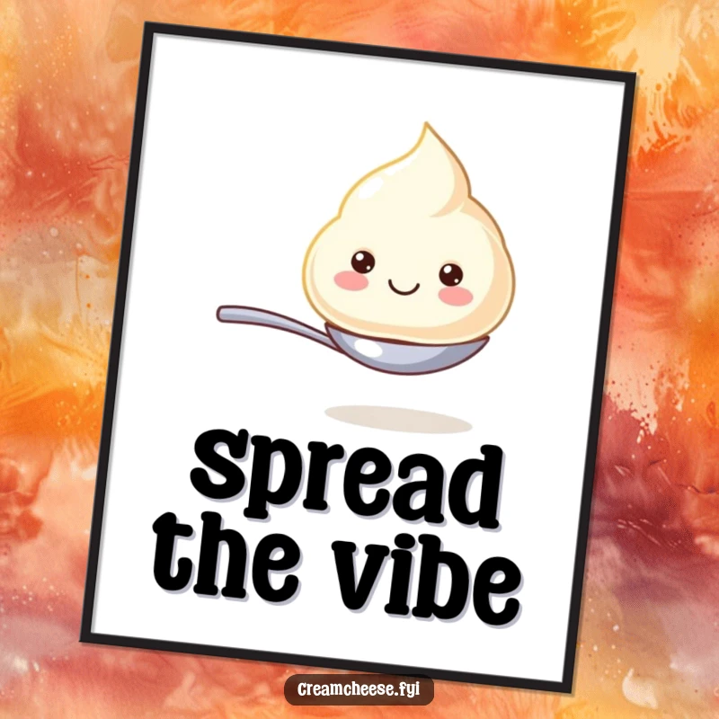 Funny digital art print of a cream cheese dollop with a huge smile, balancing on a miniature spoon, radiating pure, cheerful energy.