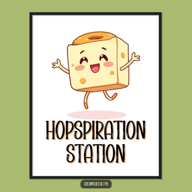 Funny Cream Cheese Hop Digital Art: Energetic Cube & Bagel Print, Whimsical Decor Gift