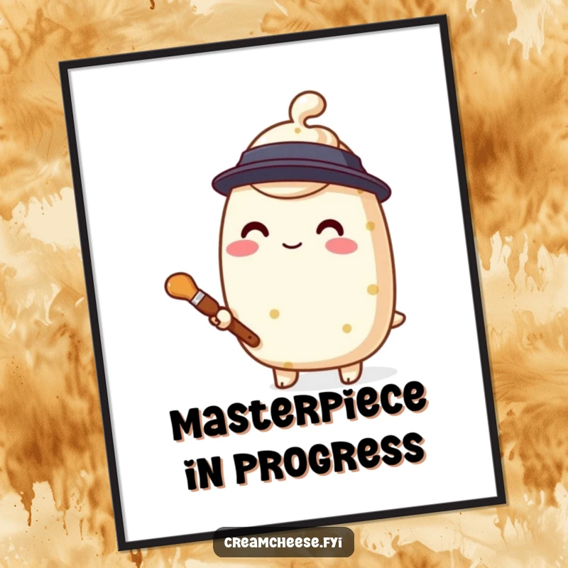 Funny cream cheese painter digital art, a stylized character holding a tiny paintbrush, bringing artistic vibes.