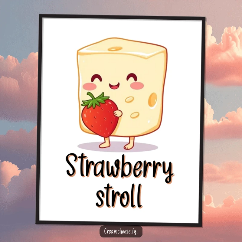 Funny Cream Cheese Digital Art Print of a cheerful cream cheese slice tiptoeing with a strawberry, charming and humorous wall decor.