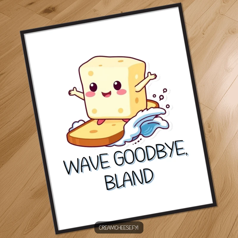 Funny digital art print of a happy cream cheese block surfing a toast wave, perfect for adding a touch of breakfast humor and artistic fun.