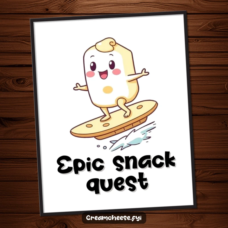 Funny Cream Cheese Surfer Digital Art Print: A happy cream cheese character surfs with joy on a giant cracker, embodying a fun and whimsical breakfast theme.