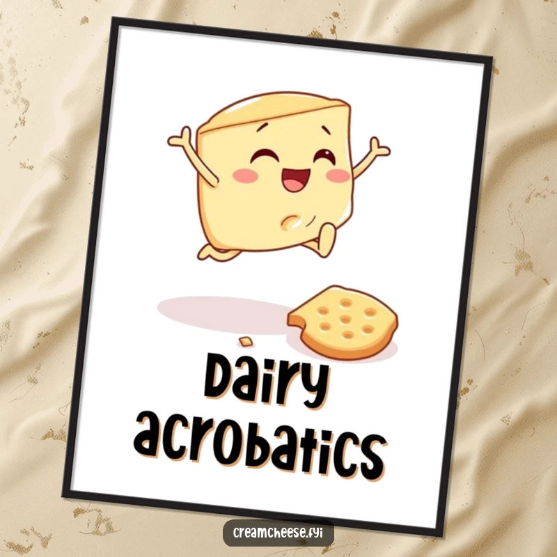 Funny digital art print of a cream cheese wedge gleefully jumping over a fallen cracker, ideal for vibrant, humorous wall decor.