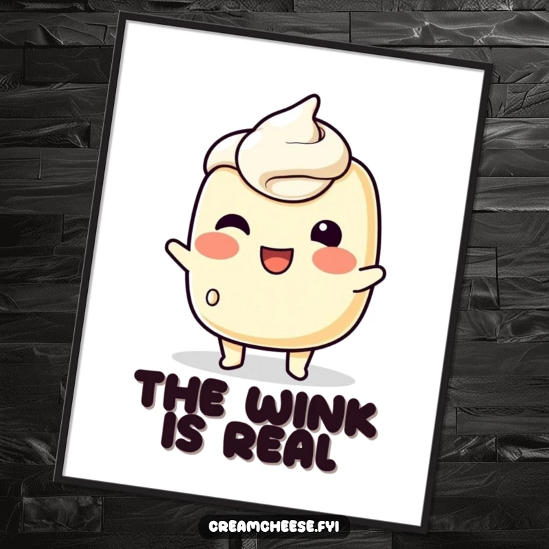 Funny Digital Art Print: Playful cream cheese character attempting a wink with its spreadable surface, instantly downloadable humor.