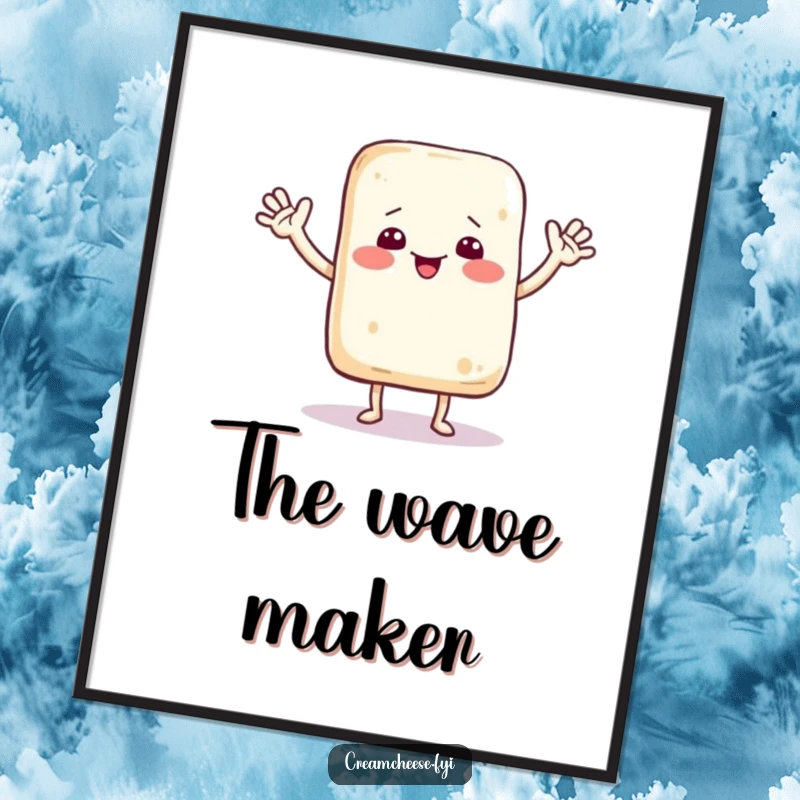 Funny digital art print of a cream cheese bag character dancing and waving, bringing cheerful cartoon energy to any space.