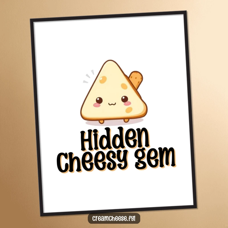 Funny shy cream cheese triangle digital art print peeking from behind a breadstick, instant charming decor.
