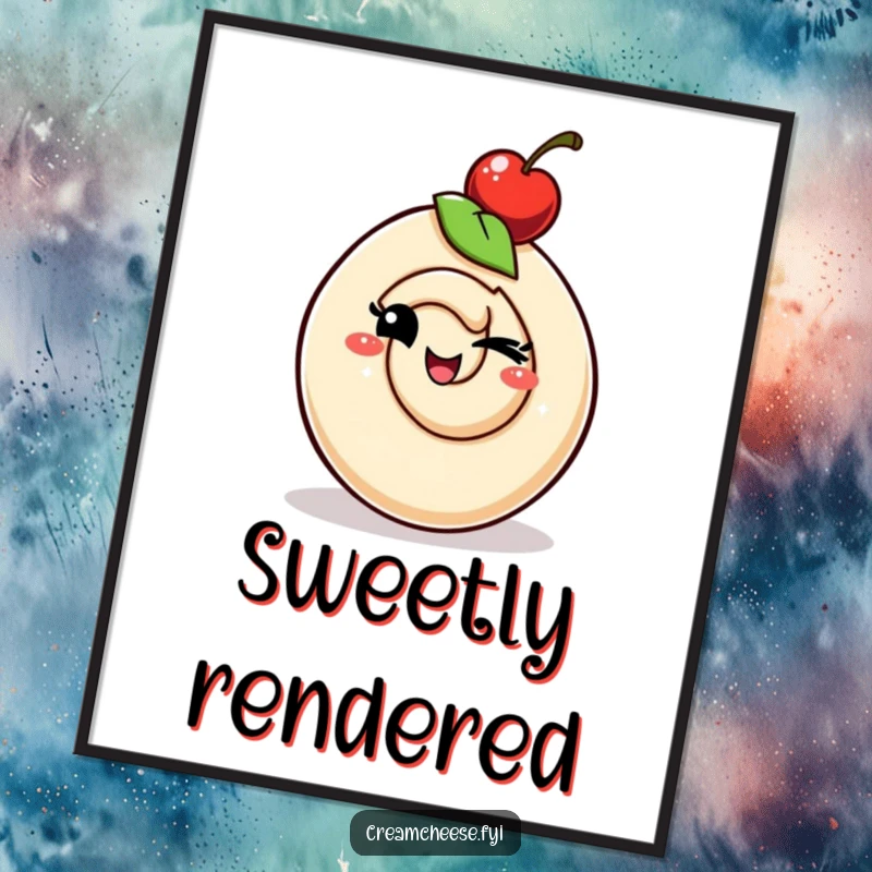 Funny cream cheese swirl character with a cherry hat winking playfully, a digital artwork radiating whimsical charm and cheeky fun.