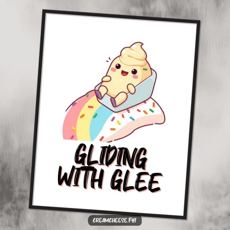 Funny cream cheese tub digital art print happily sliding down a rainbow sprinkle slope with a joyful expression, ready to download.
