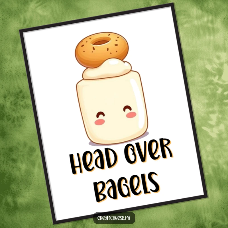 Funny digital art print of a cream cheese tub character balancing a tiny bagel on its head, perfect for quirky decor.