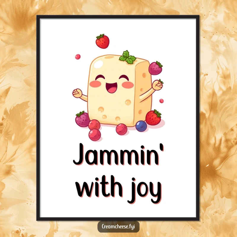 Funny cream cheese block digital art print joyfully juggling small, sweet berries with a big smile, ready to download.