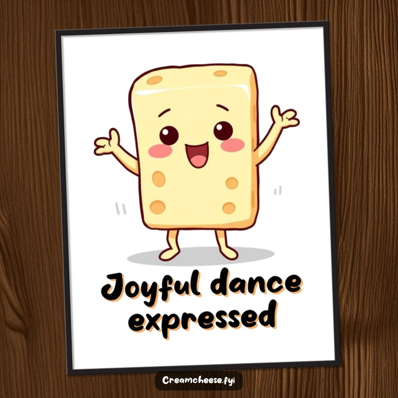 Funny digital art print of a cream cheese block character performing a silly dance, suitable for instant download and framing.