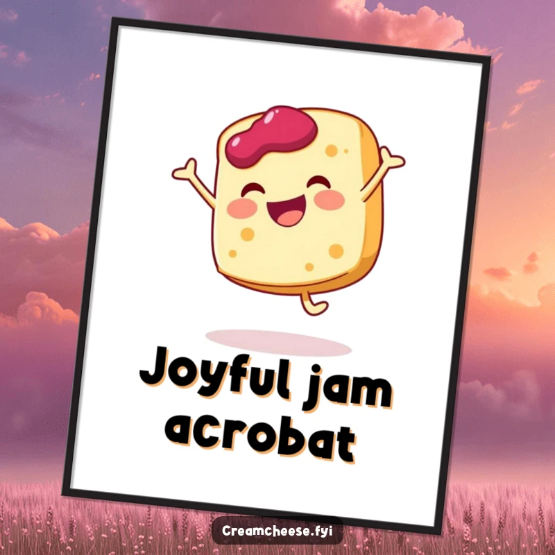 Funny cream cheese slice digital art print doing a joyful cartwheel with a dollop of jam, ready to download.