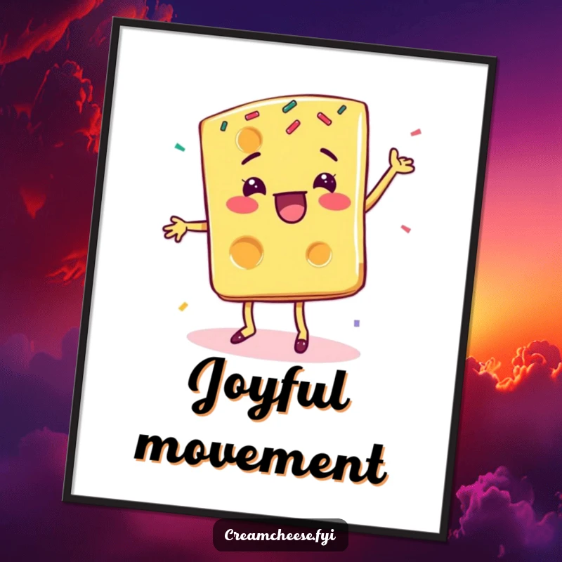 Funny cheese slice digital art print, a delighted character doing a happy dance surrounded by colorful sprinkles.