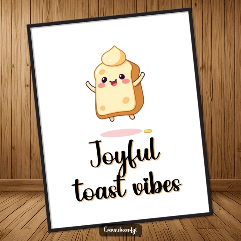 Funny Digital Art Print: Giddy cream cheese character joyfully bouncing on toast, instantly downloadable spreadable fun.