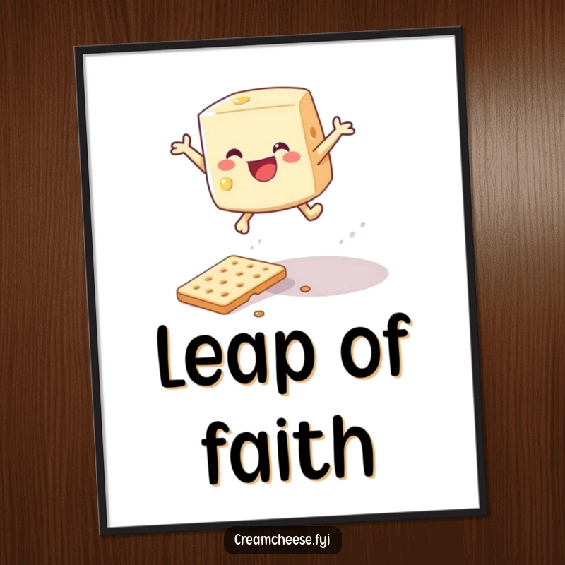 Funny cream cheese wedge gleefully leaping over a fallen cracker, rendered as digital art.