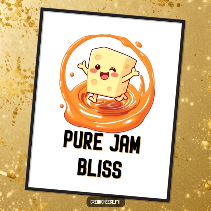 Funny digital art print of a cream cheese block character joyfully leaping through a vibrant jam swirl, bringing breakfast cheer.