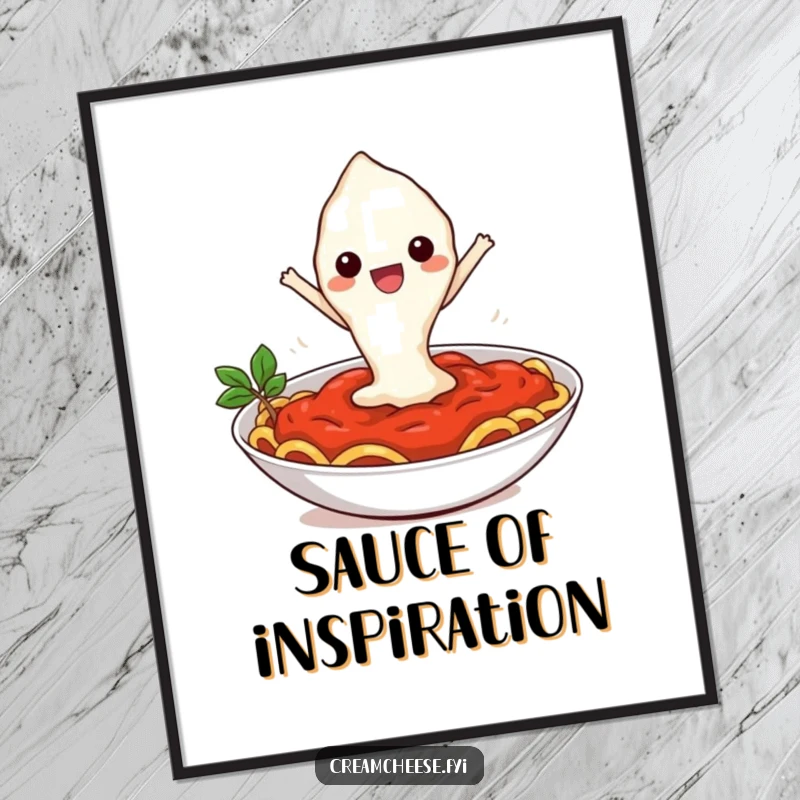 Funny digital art print of a cream cheese blob leaping into pasta sauce, perfect for humorous culinary-themed home decoration.