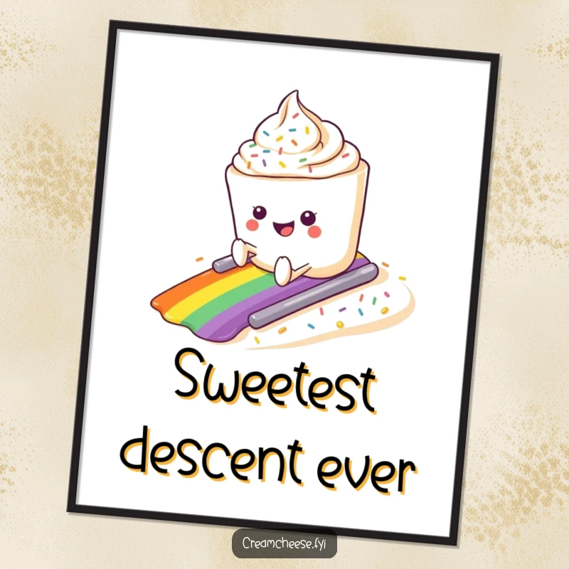 Funny cream cheese tub character joyfully sliding down a vibrant rainbow sprinkle slope, rendered as digital art.