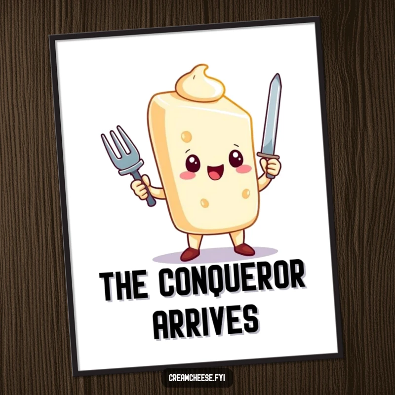 Funny cream cheese character digital art print, triumphantly holding a tiny fork sword, high-resolution file, perfect funny gift.