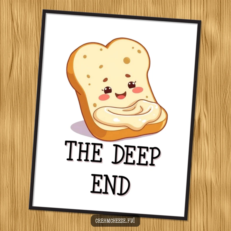Funny baguette slice happily dipping into a cream cheese pool, as a digital art print. A humorous and appealing bread illustration, perfect as a funny gift.