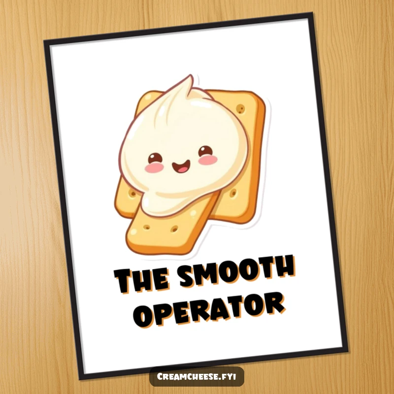 Funny cream cheese dollop in motion sliding down a cracker, as a digital art print. A humorous and appealing food illustration, perfect as a funny gift.