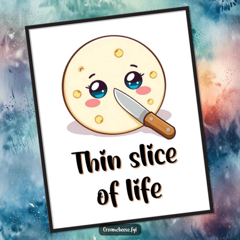 Funny cream cheese wheel digital art print, wide-eyed and being sliced by a tiny knife, instant humorous wall decor.