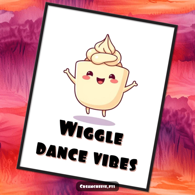 Funny Cream Cheese Digital Art Print of a happy cream cheese tub with frosting swirls doing a delightful wiggle dance, vibrant and cheerful home decor.