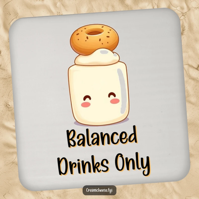Funny drink coaster featuring a cream cheese tub character balancing a small bagel on its head, adding breakfast humor.