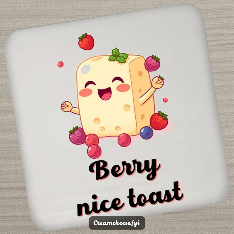 Funny cream cheese block drink coasters smiling and joyfully juggling small, sweet berries, decorative and protective.