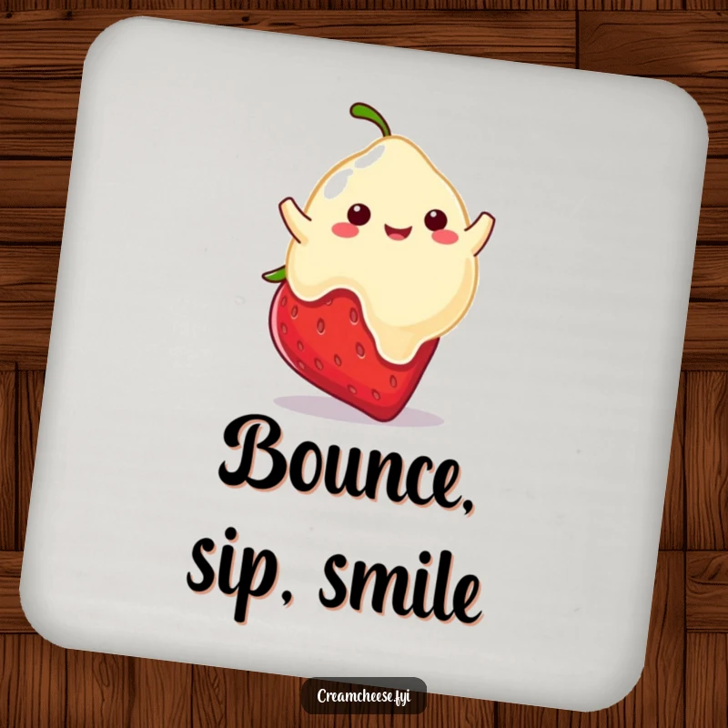 Funny drink coaster with a playful cream cheese blob happily bouncing on a strawberry, adding whimsical protection.