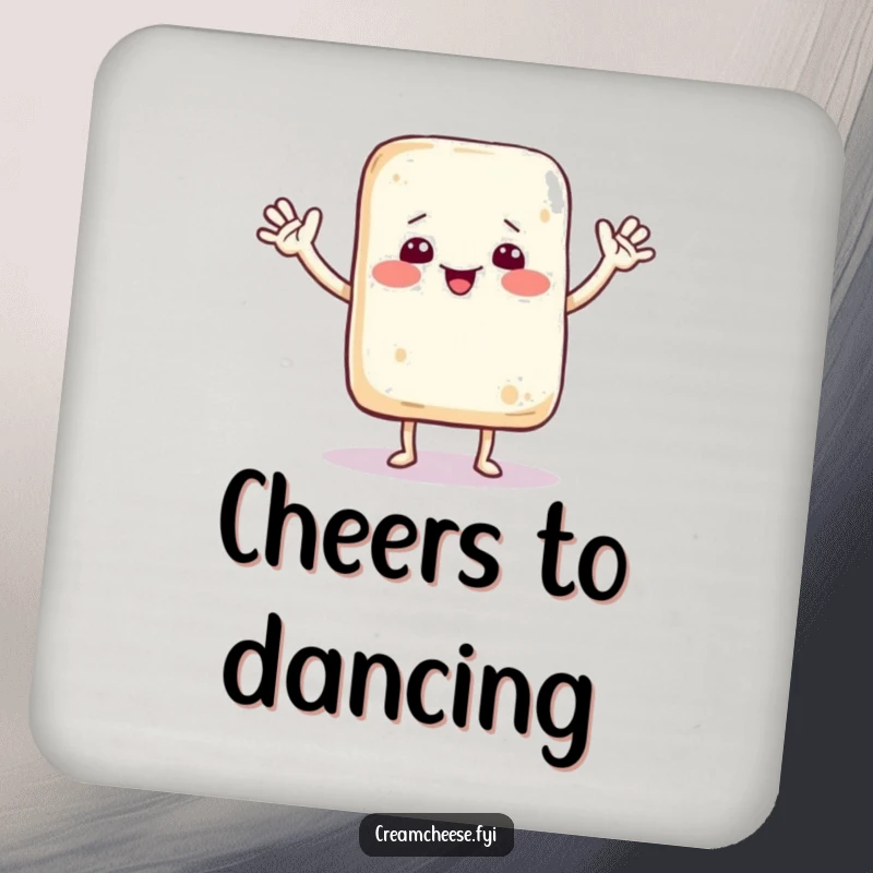 Funny drink coaster with a dancing cream cheese bag character waving hello, adding cartoon fun and surface protection.