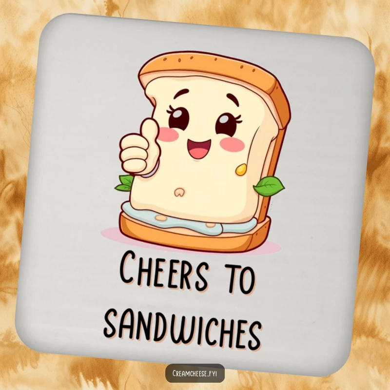 Funny Coaster: Happy cream cheese character giving a thumbs-up from a deconstructed sandwich, protecting surfaces.