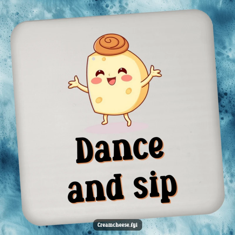 Funny cream cheese wheel dancing with a cinnamon swirl hat on a coaster, adding humor to surfaces.