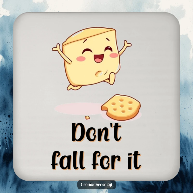 Funny coaster featuring a cream cheese wedge in a dynamic leap over a cracker, safeguarding surfaces with breakfast cheer.